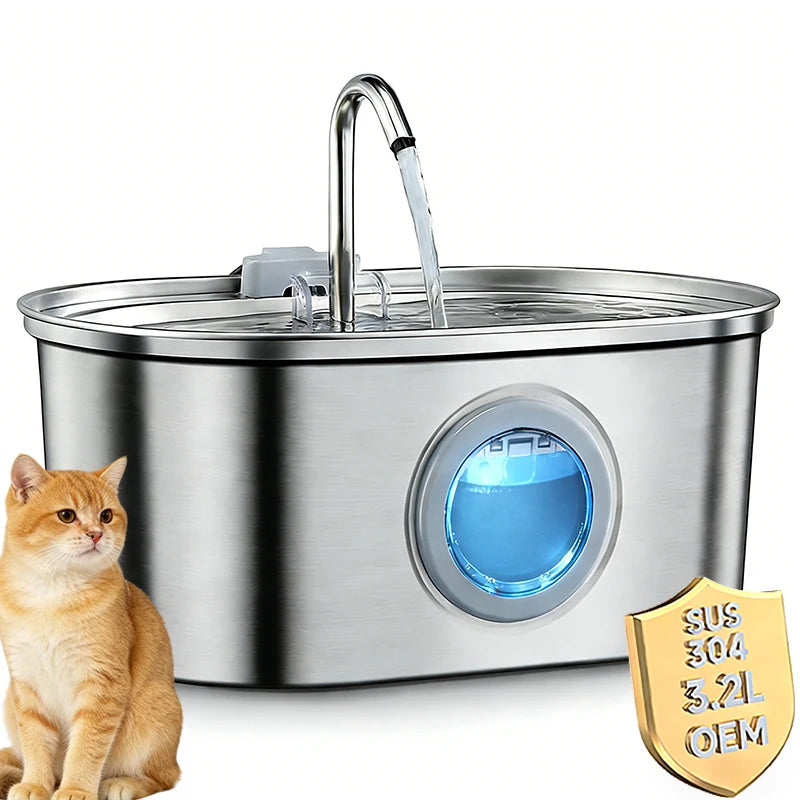 OEM Luxurious Stylish Stainless Steel Automatic Dog & Cat Water Fountain 3.2L/108oz with LCD Display Pet Water Fountain