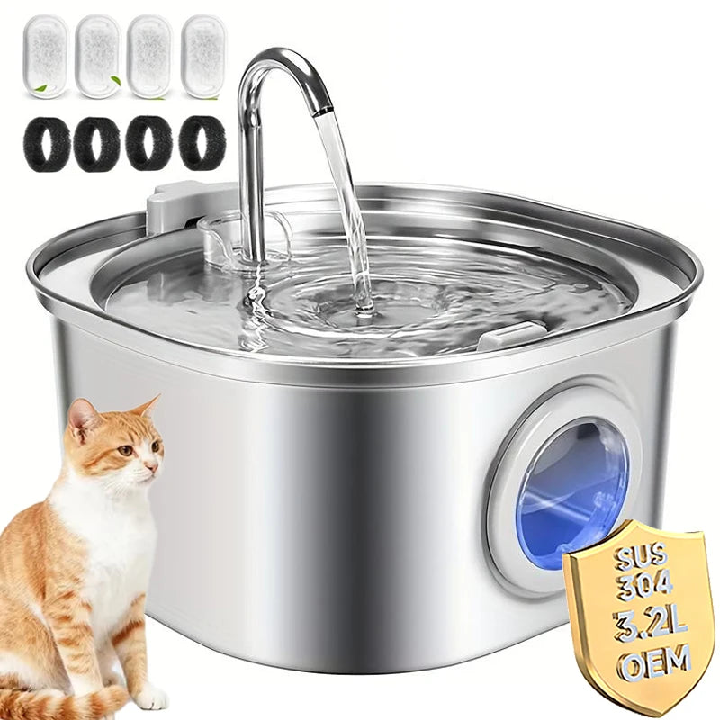 3.2L/108oz Automatic Cat Water Fountain Stainless Steel Pet Water Dispenser Cat Fountain Pet Water Fountain with 4 Filters