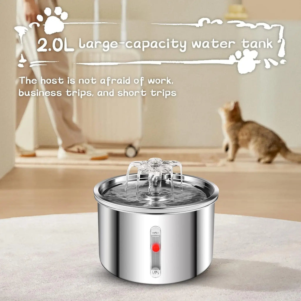 Factory Hot 67oz/2L Automatic Cat Water Fountain Stainless Steel Pet Water Dispenser with Flower Effluent Water Level Window