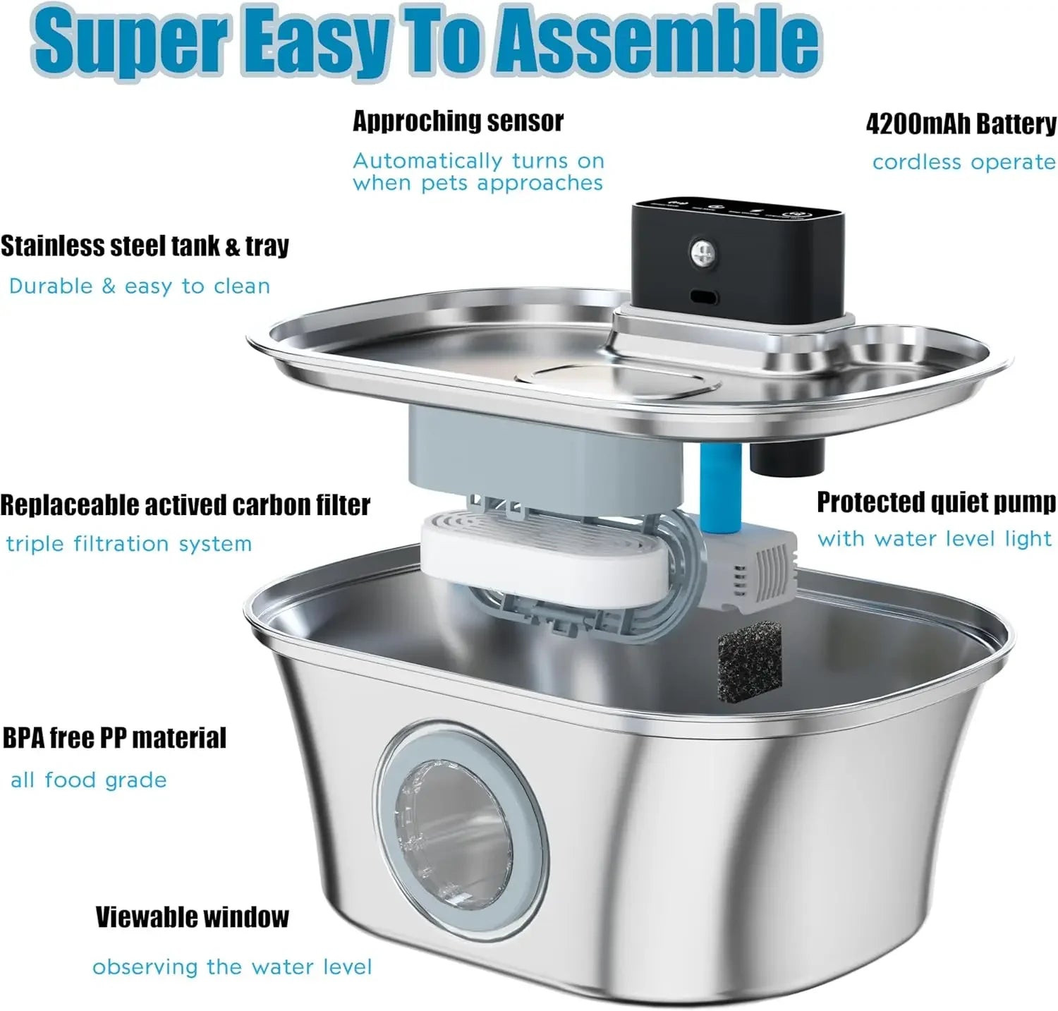OEM ODM 3.2L Wireless Automatic Durable Cat Water Fountain Stainless Steel 4000mAh Chargeable Battery LCD Water Multi-Filtration