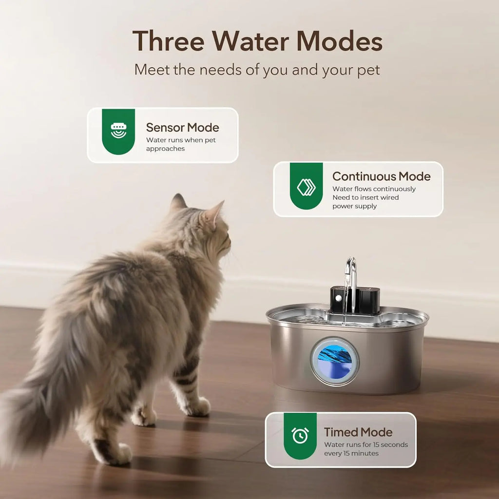 Cat Water Fountain Stainless Steel 108oz/3.2L Battery Wireless Cat Fountains for Drinking Indoor Automatic Pet Water Dispenser