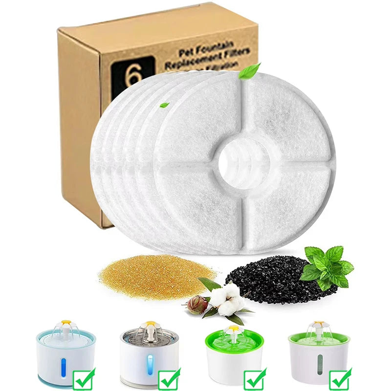 6pcs Eco-Friendly Round Activated Carbon Filter Replacement for Cat/Dog Water Drinking Fountain Dispensers Flower Pet Fountain