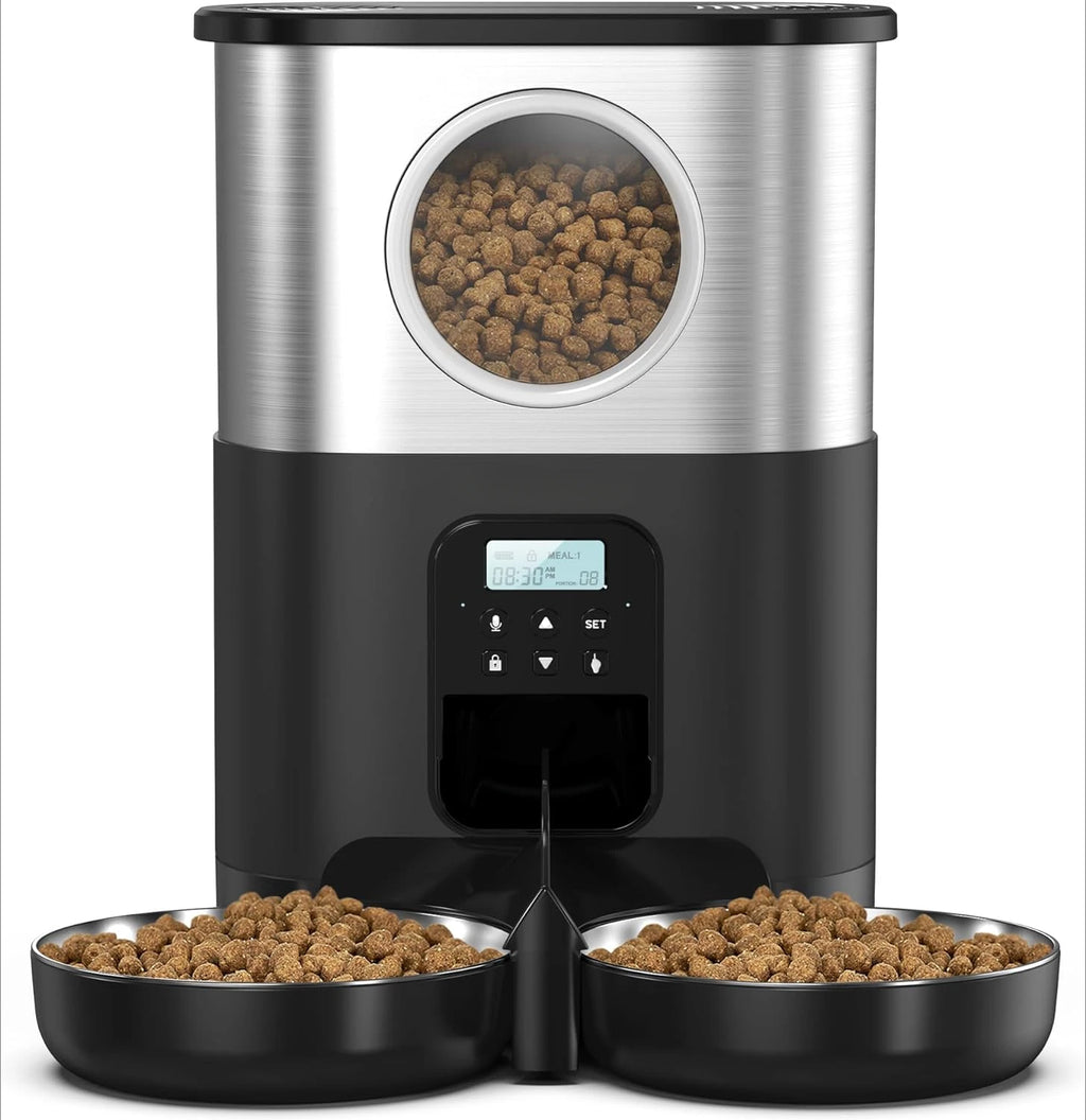 5L Dual Bowls Stainless Steel Automatic Cat Feeders Timed Pet Dry Food Dispenser with Voice Record Button Control for Two Cats