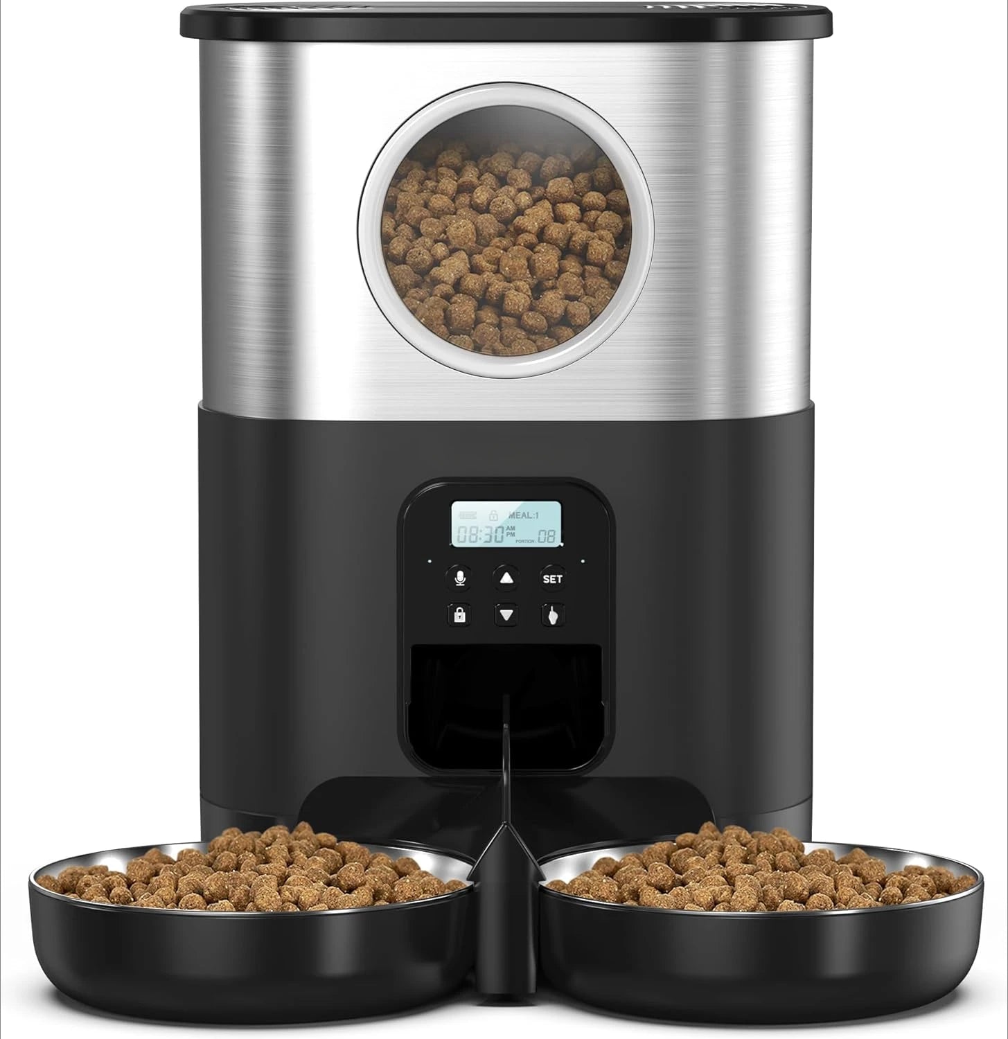 5L Dual Bowls Stainless Steel Automatic Cat Feeders Timed Pet Dry Food Dispenser with Voice Record Button Control for Two Cats