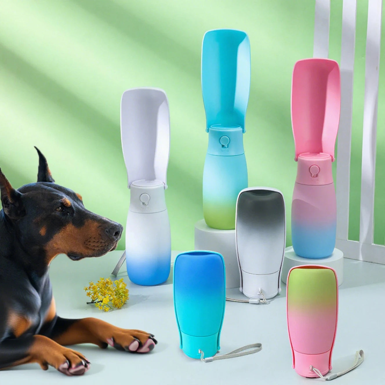 Gradient Color 3-in-1 Foldable Plastic Dog Water Bottle Collapsible Travel Pet Water Bowl with Filters