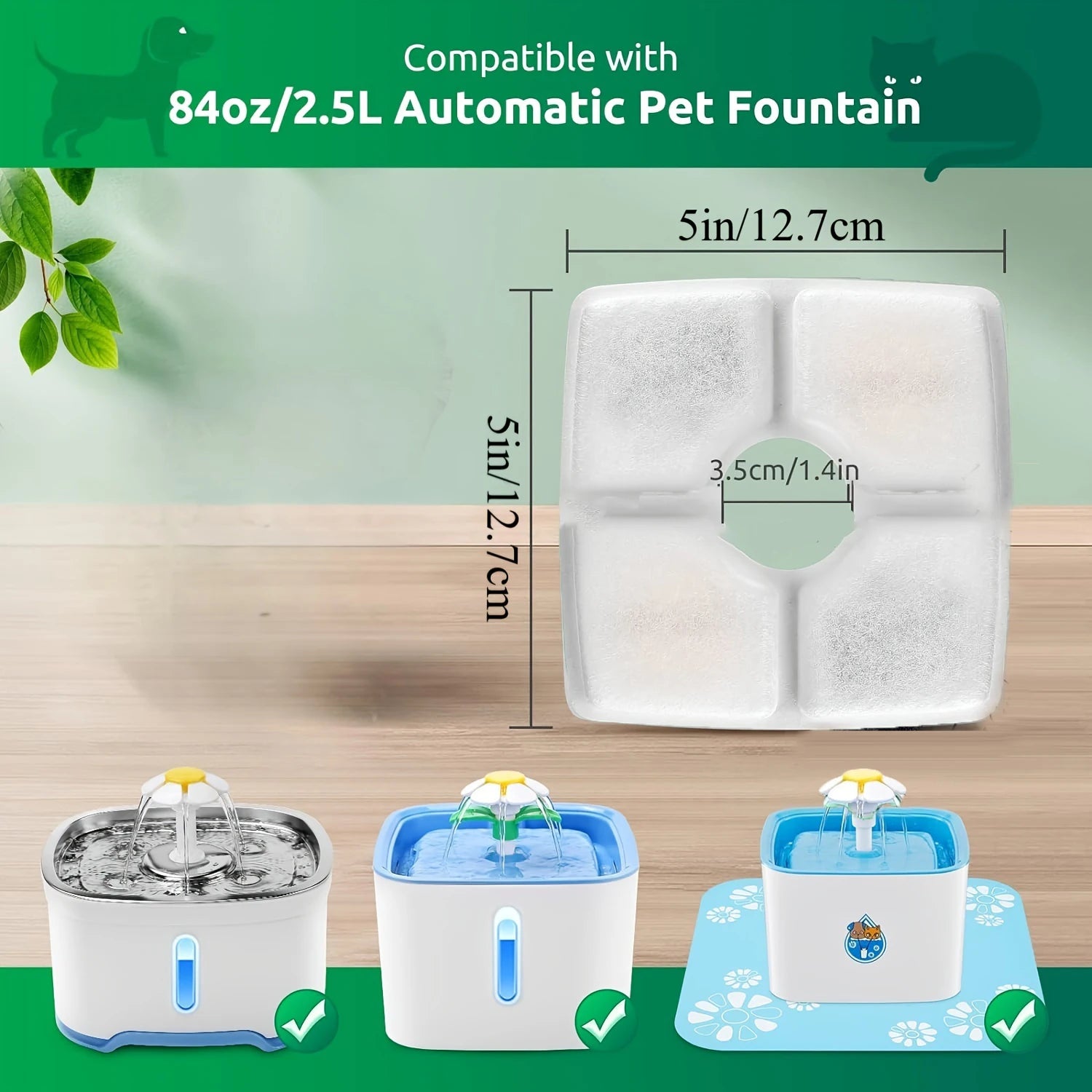 8pcs/Pack Stylish Portable Automatic Cat Water Fountain Replacement Filters for Square 80oz/2.5L Fountain with Activated Carbon