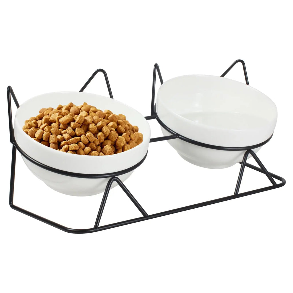 Auto-Elevated 15 Degree Tilted Double Cat Bowls Indoor Raised Ceramic Pet Feeding Bowls for Water & Food