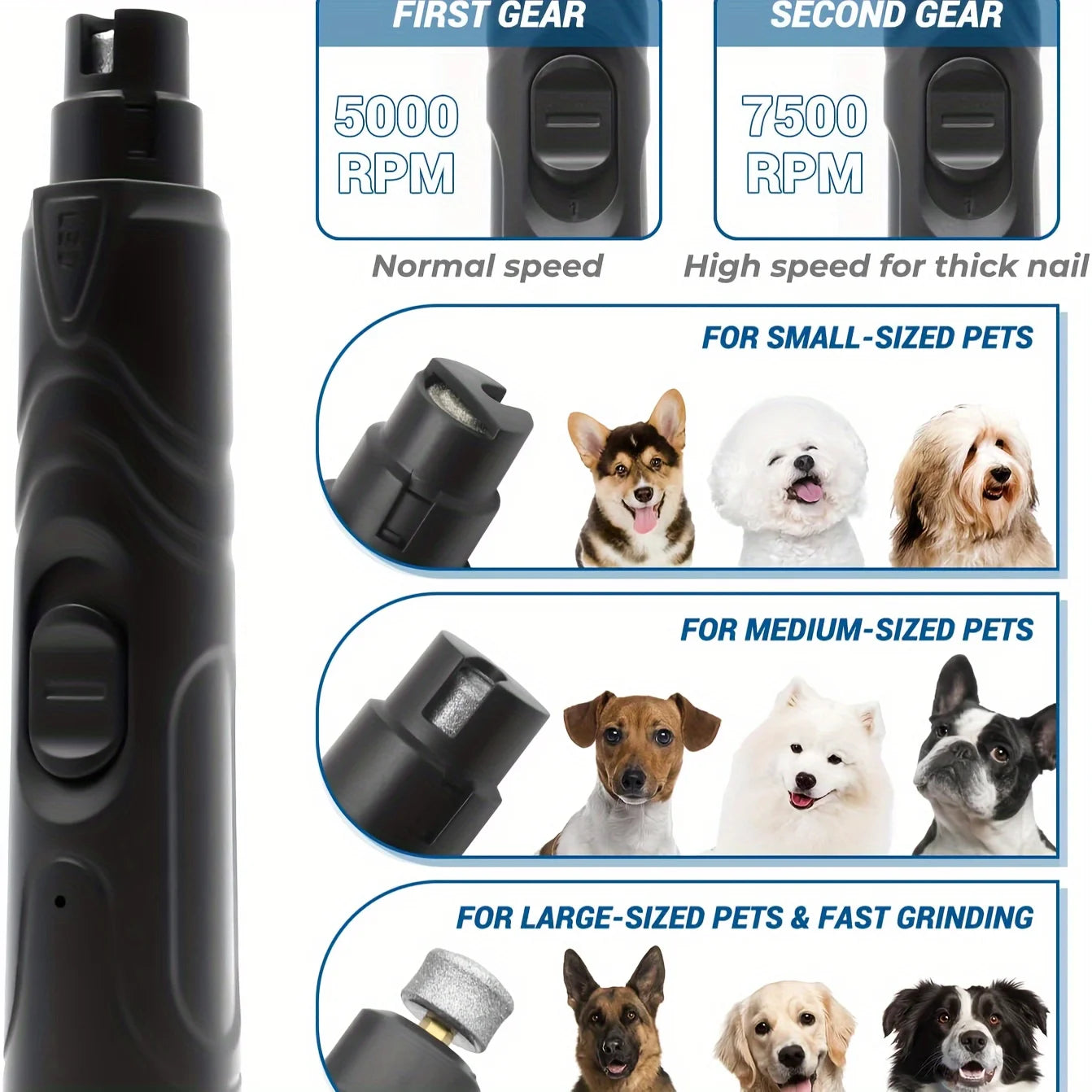 Pet Nail Grinder Low Noise & Vibration LED Rechargeable Dog Claw Care Tool for All Breeds Plastic Pet Smart Dog Nail Grinder