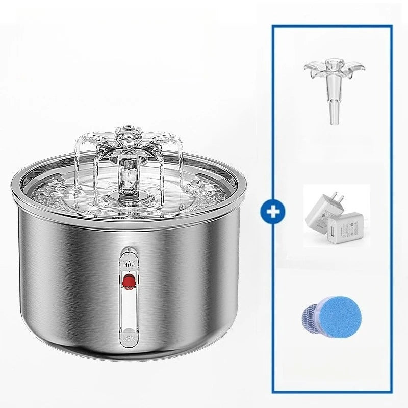 Factory Hot 67oz/2L Automatic Cat Water Fountain Stainless Steel Pet Water Dispenser with Flower Effluent Water Level Window