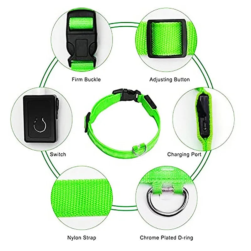 Nylon LED Pet Dog Collar Night Safety Flashing Glow in the Dark Dog Leash Dogs Luminous Collars Pet Supplies OEM Custom LOGO
