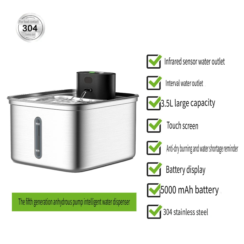 OEM 3.5L Wireless Stainless Steel Cat Water Fountain 108oz/3.2L 3-Modes Indoor Cordless Battery Pet Drinking Fountain Automatic