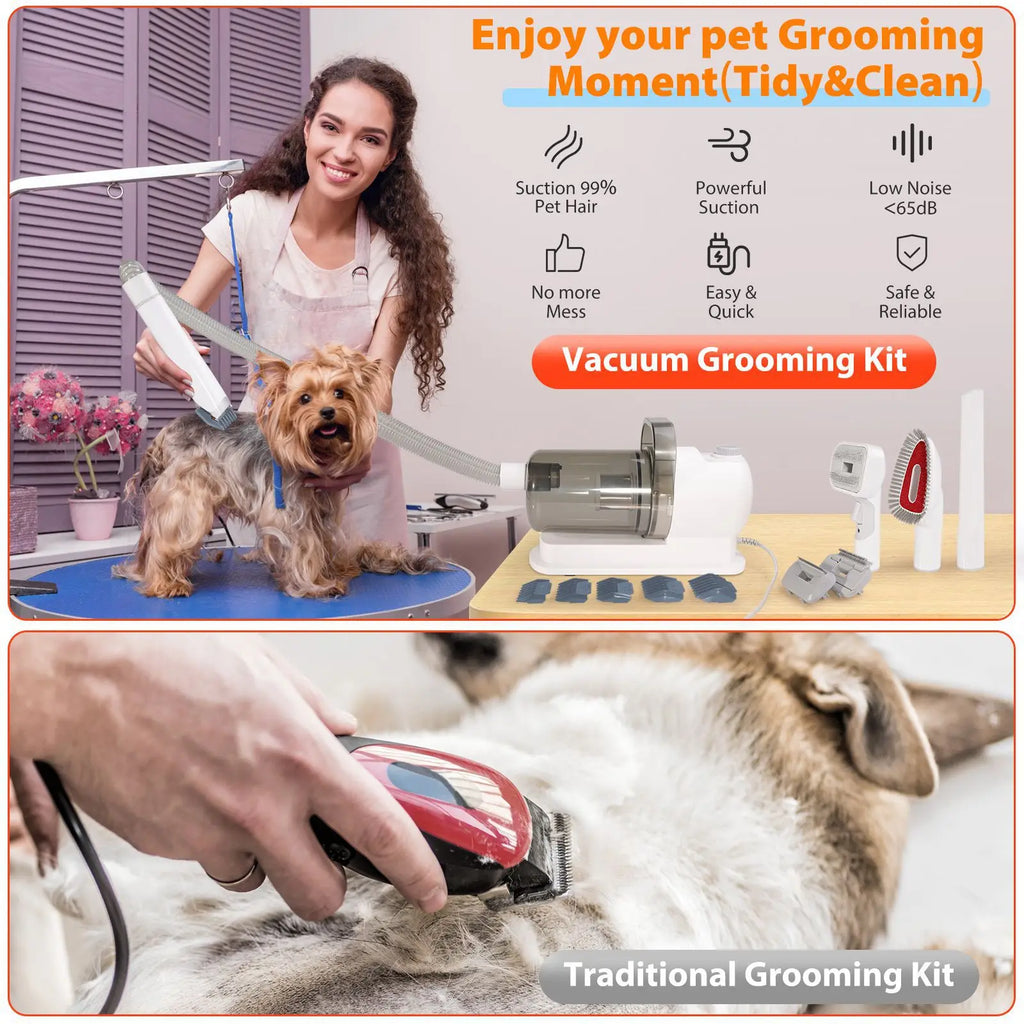 6-in-1 Dog Grooming Vacuum Kit Strong Pet Hair Removal Professional Clippers 6 Guide Combs Pet Grooming Tools for Dogs Cats