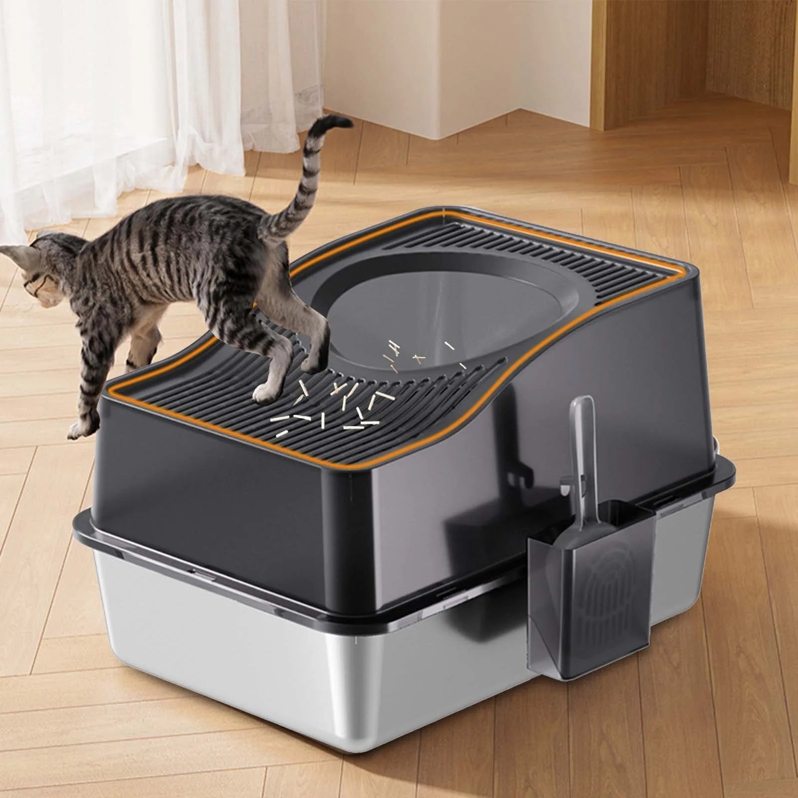 Custom Semi-Enclosed Stainless Steel Cat Litter Box With Ventilated Lid High Walls Anti Splash Top Entry Cat Toilet with Handle