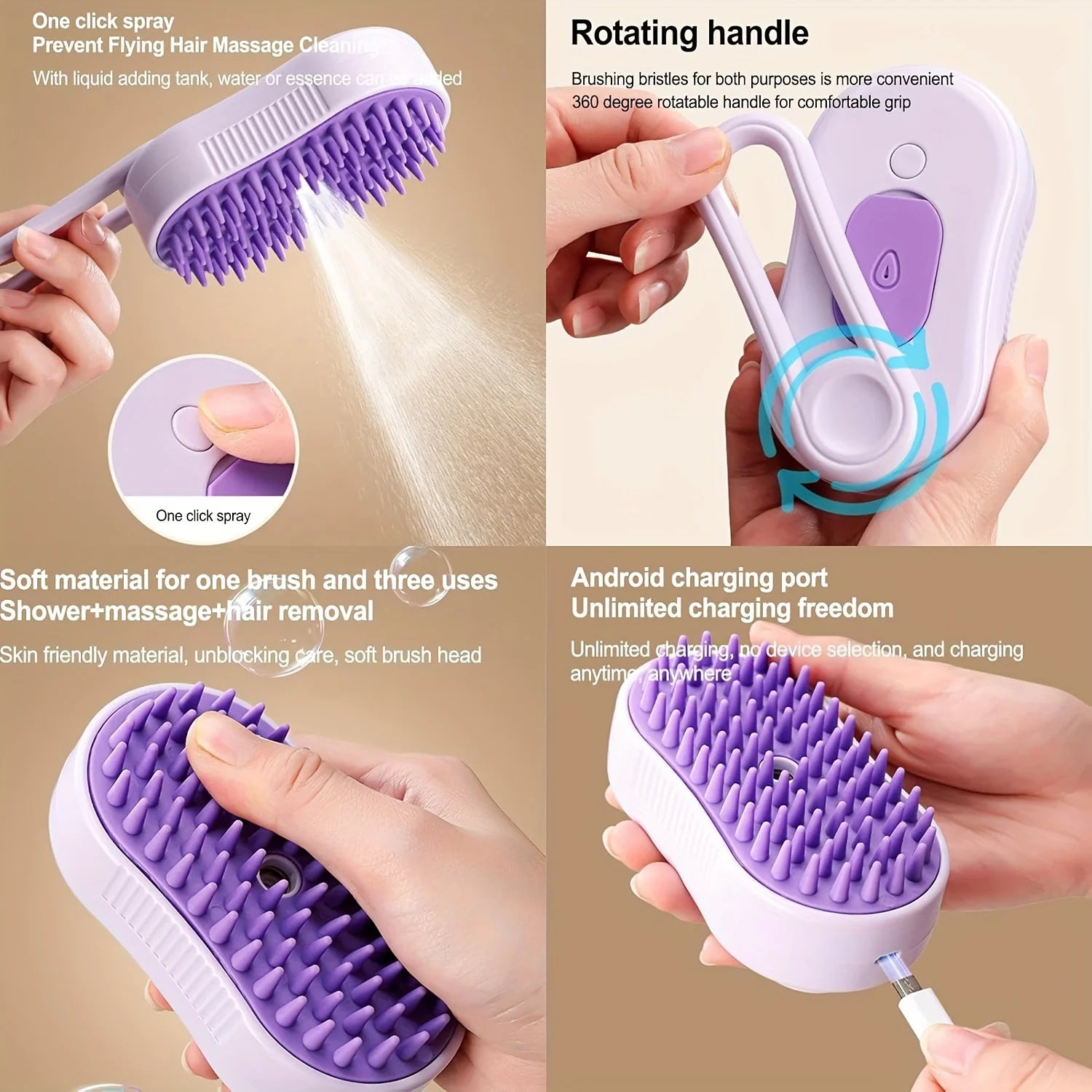 USB Rechargeable 3-in-1 Foldable Grooming Tool for Cats & Dogs Pet Brush Silicone Bristles for Long Short Fur Plastic Material