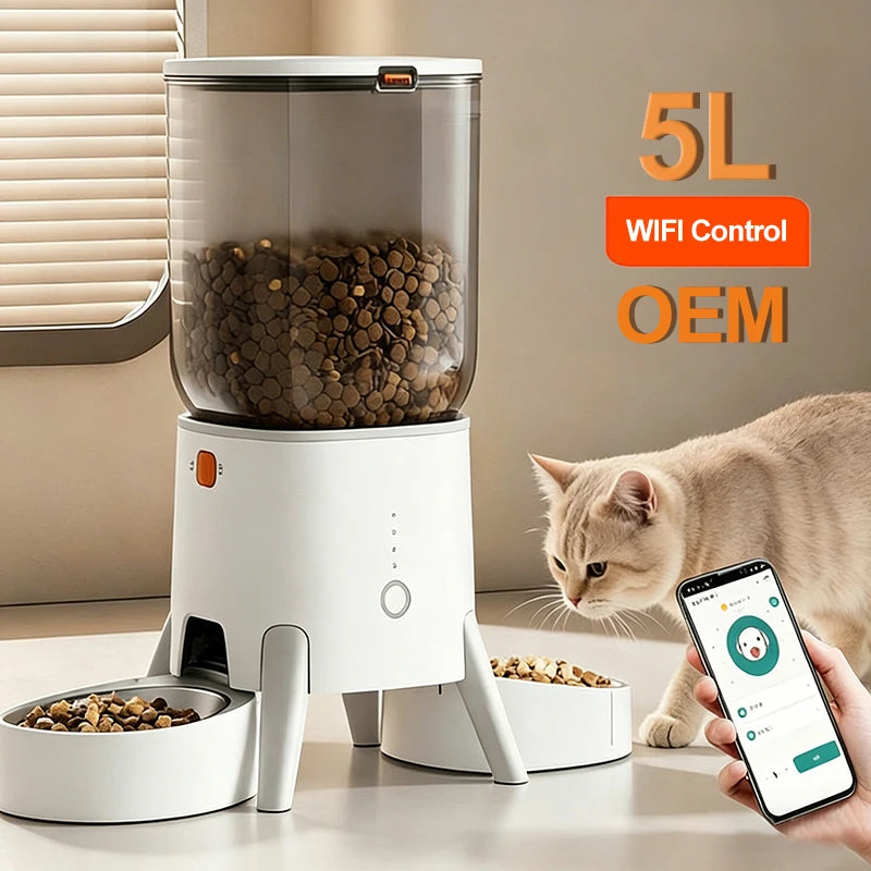 OEM 5L Dual Bows Smart Pet Feeder with WiFi APP Control Automatic Pet Feeder for Dog Food Dispenser for Dual Cats Dogs