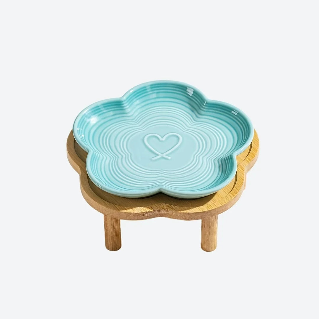 Gradient Color Ceramic Cat Bowl with Plum Blossom Design and Wooden Stand Anti-Slip Cat & Dog Feeding Dish for Neck Protection