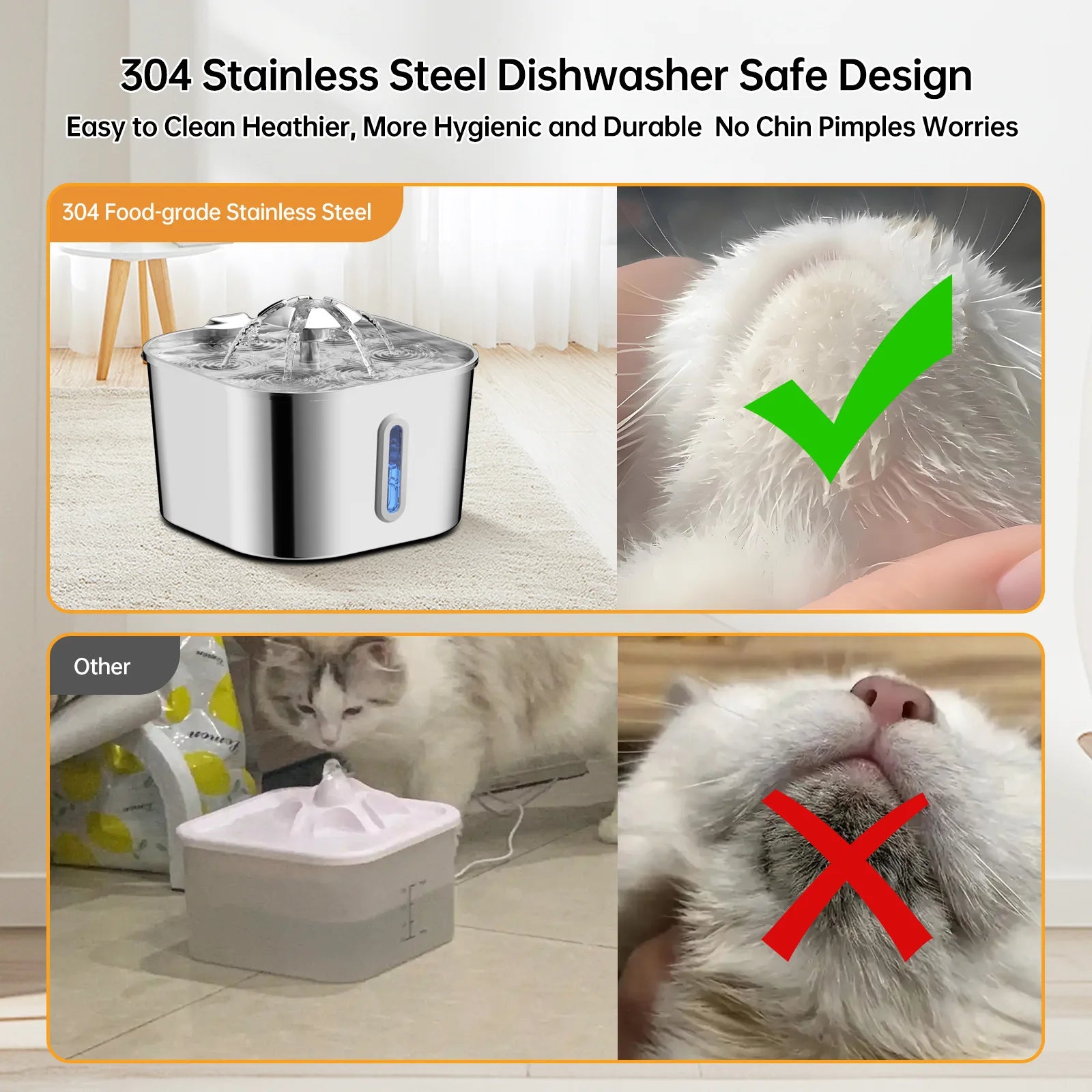 OEM 2.2L/74OZ Charge Durable Automatic Cat Fountain Stainless Steel Water Dispenser Silent Water Pump Circulation Filtering