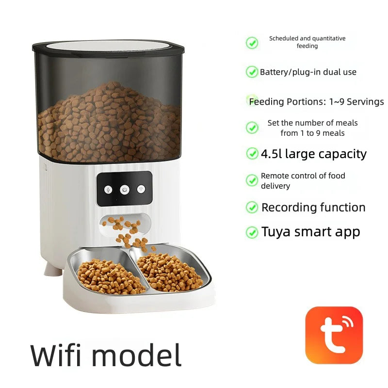 OEM 4.5L Large Capacity Automatic Pet Feeder with Camera Durable Bowls Plastic WIFI APP Voice Rechargeable Smart Pet Feeder