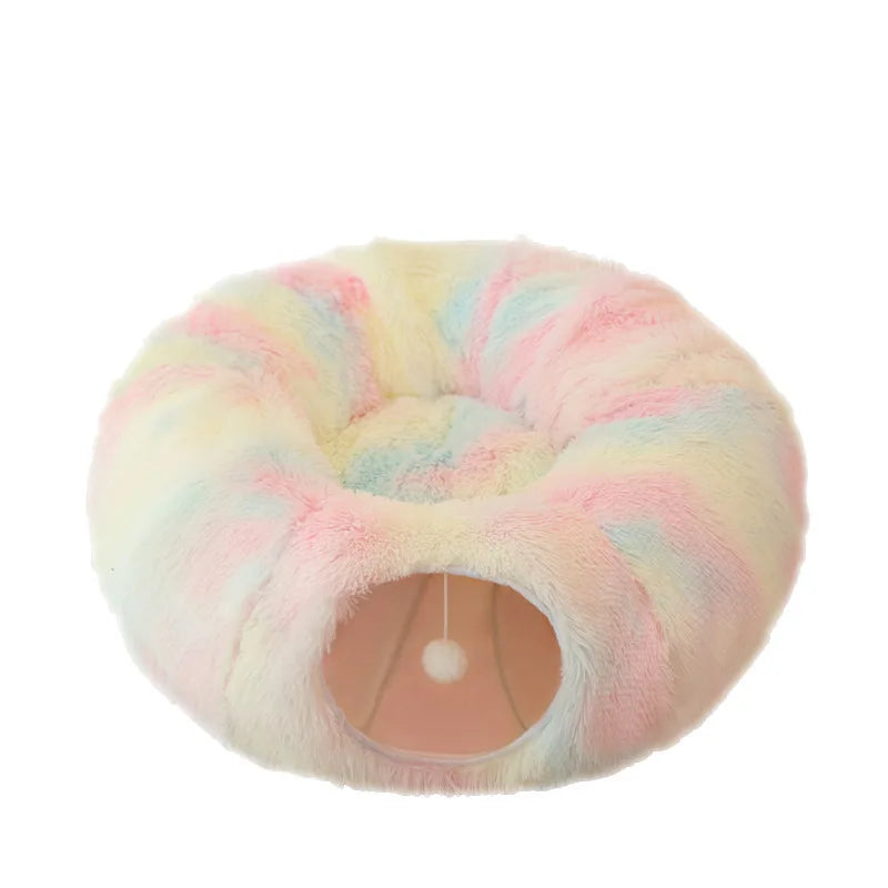Plush Cat Bed with Tunnel for Indoor Multifunctional Cat Tunnel Bed with Fluffy Plush Donut Cat Tunnel