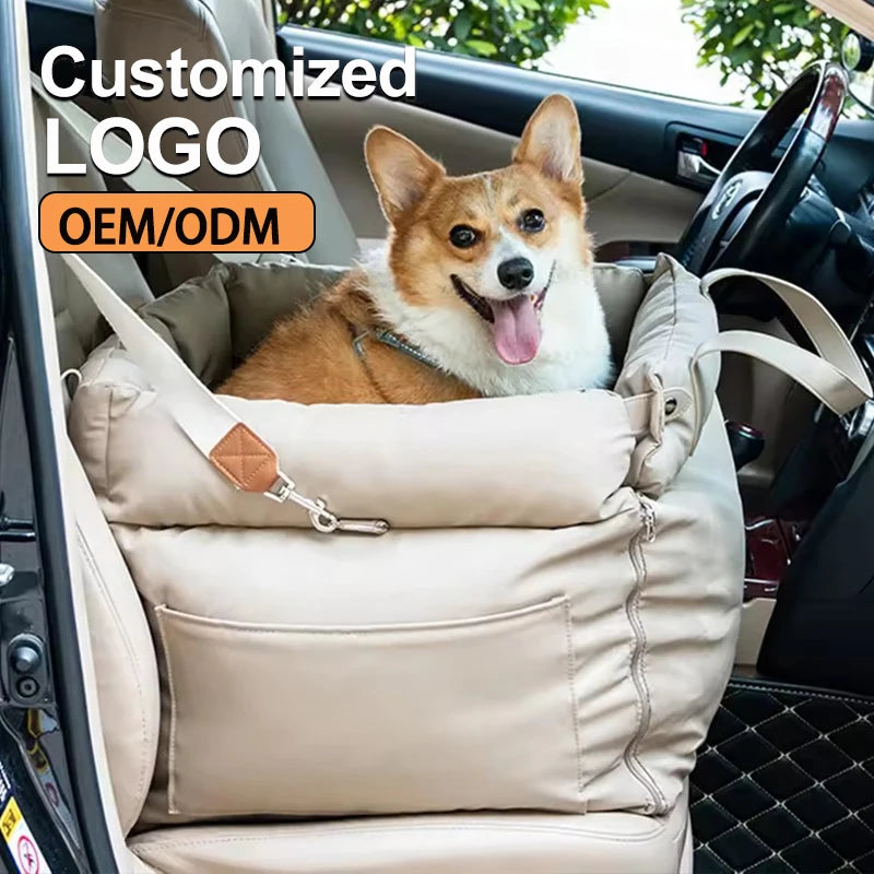 Customized  LOGO Luxury Faux Leather Dog Car Seat Booster Bed Pet Car Seat Bed with Safety Buckle Luxury Dog Beds Pet Car Seat