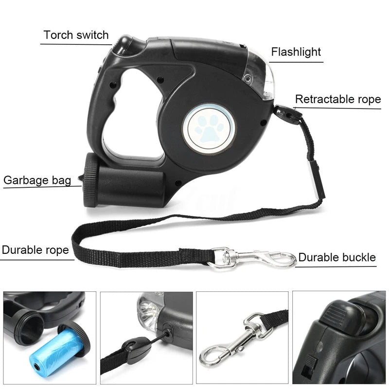 4.5M LED Pet Dog Leash Flashlight Extendable Retractable Pet Leashes Lead with Poop Bag for 45kg Large Dog Supplies