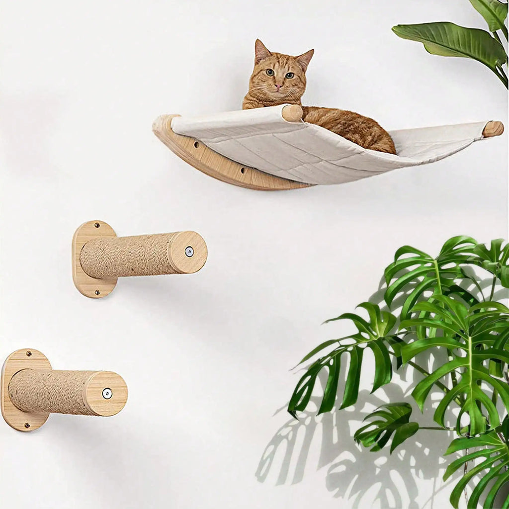 Natural Wooden 2-Tier Wall Mounted Cat Hammock Small to Medium Cats' Scratching Post with Sisal Rope Cat Trees & Scratcher
