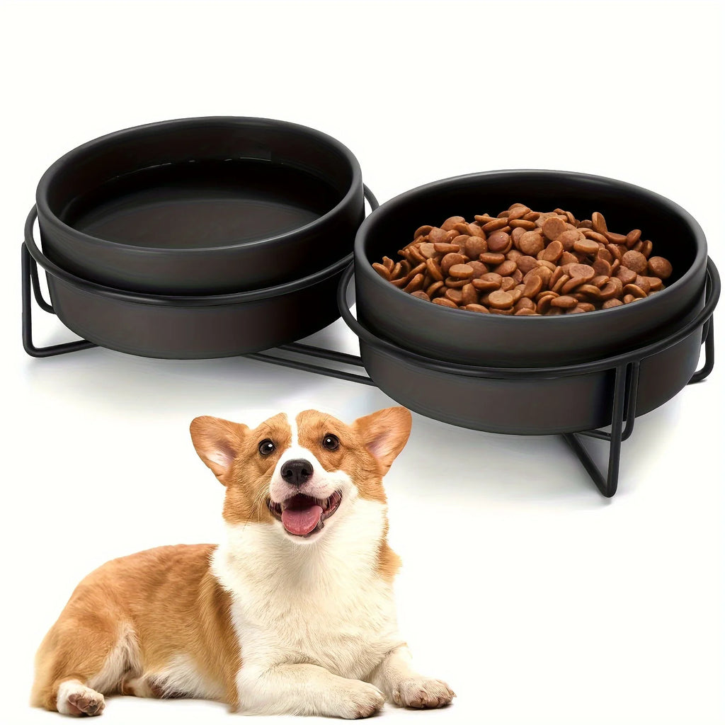 Ceramic Dog Bowls Set Stainless Steel Pet Feeder with Holder Double Bowls for Cats and Small Dogs