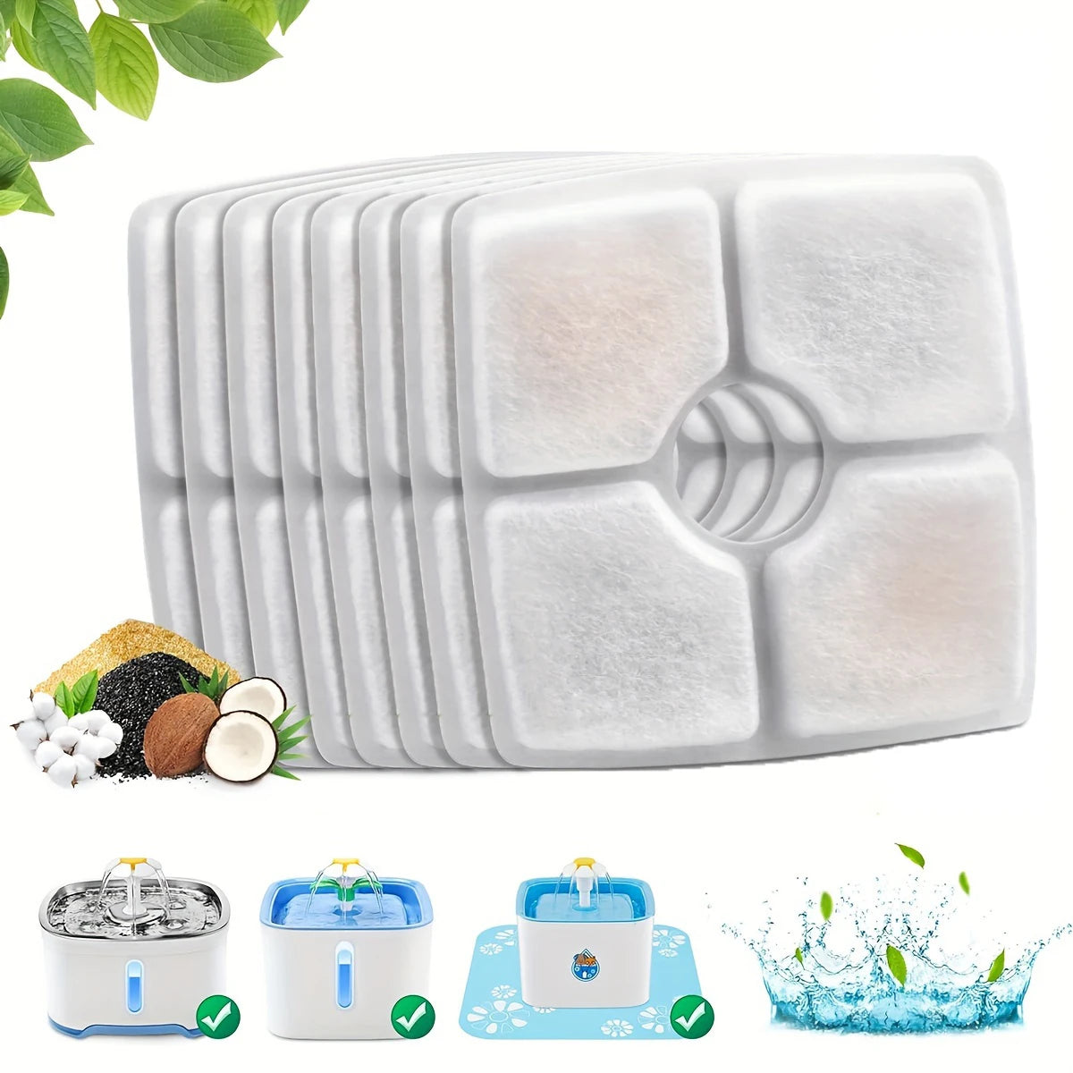 8pcs/Pack Stylish Portable Automatic Cat Water Fountain Replacement Filters for Square 80oz/2.5L Fountain with Activated Carbon