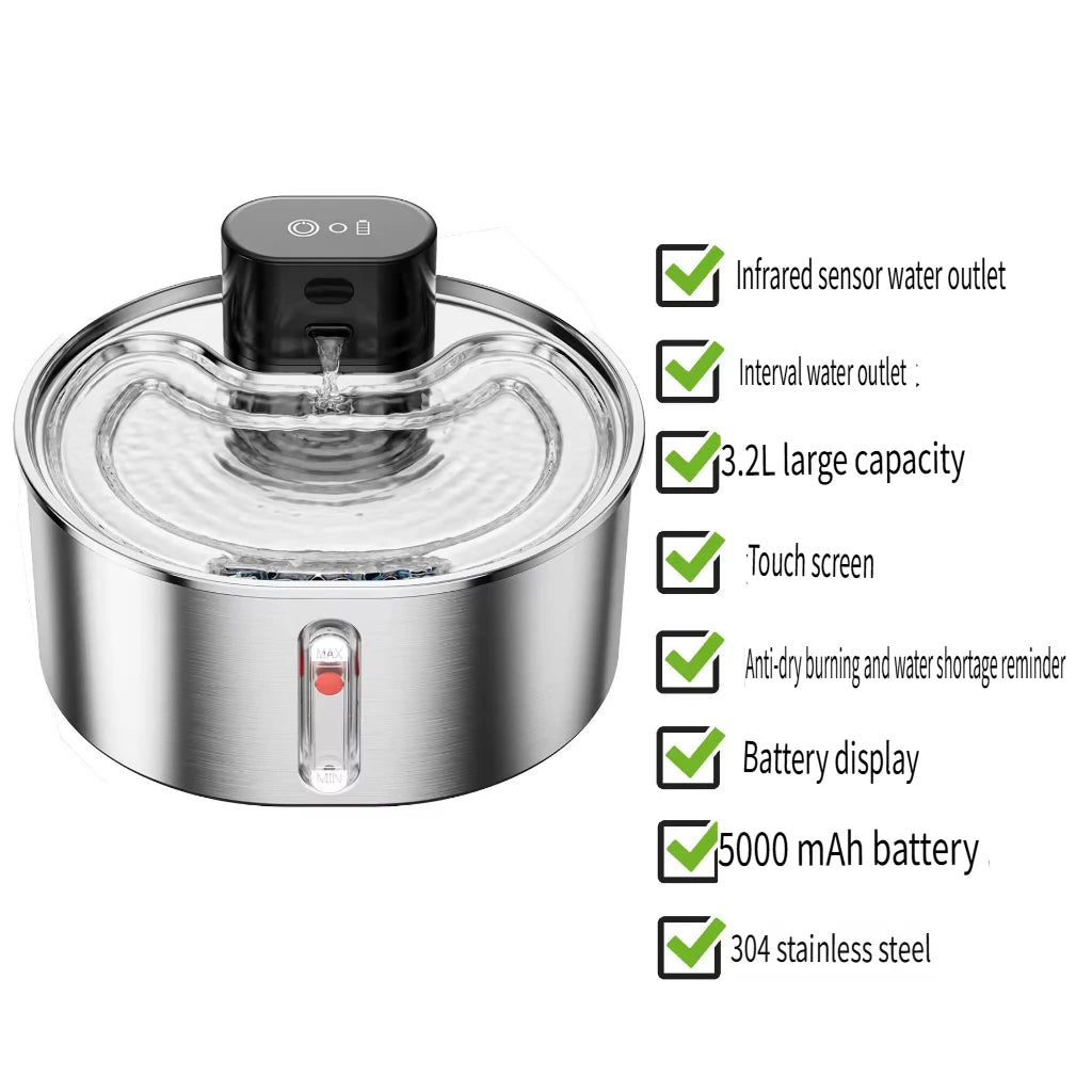 5000mah Portable Automatic Cat Water Fountain OEM 3.2L Smart Pet Drinking Fountain with Stainless Steel Filter for Cats and Dogs
