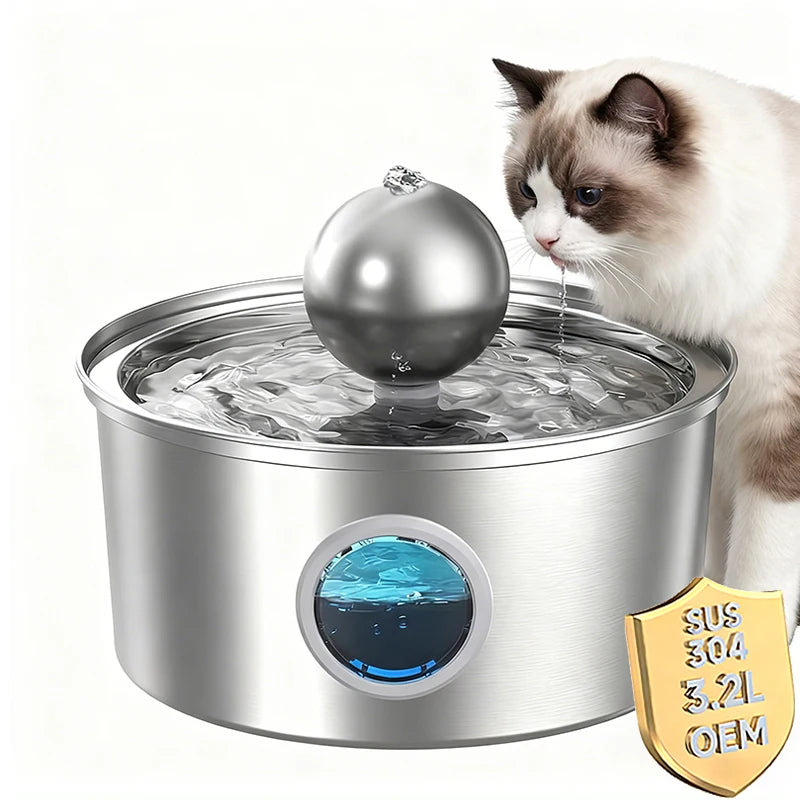 OEM 3.2L Automatic Eco-Friendly Cat Water Fountain with Quiet Stainless Steel Ball and Water Level Window Pet Water Fountain