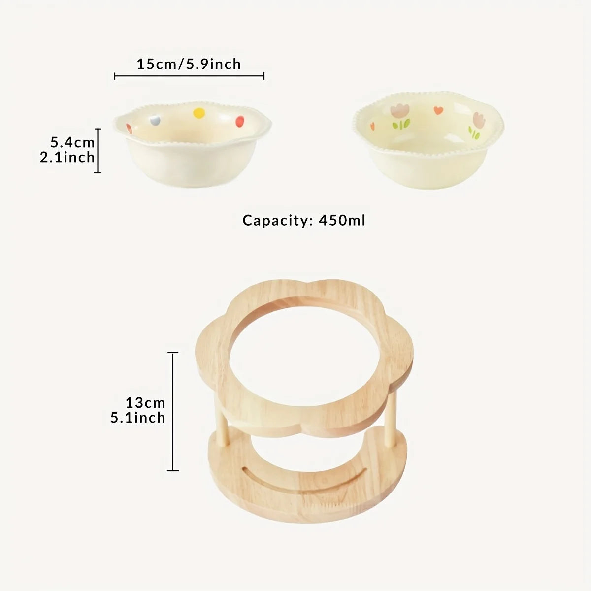 Ceramic Cat Bowl with Wooden Floral Stand Elevated Anti-Slip Pet Feeding Dish Thickened Cute Pet Bowl Set for Cat & Dog