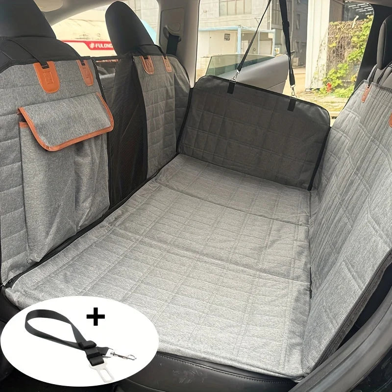 Custom Durable Fabric Dog Car Seat Cover with Extended Support Board Quilted Gray Design Straps & Metal Rings for Secure