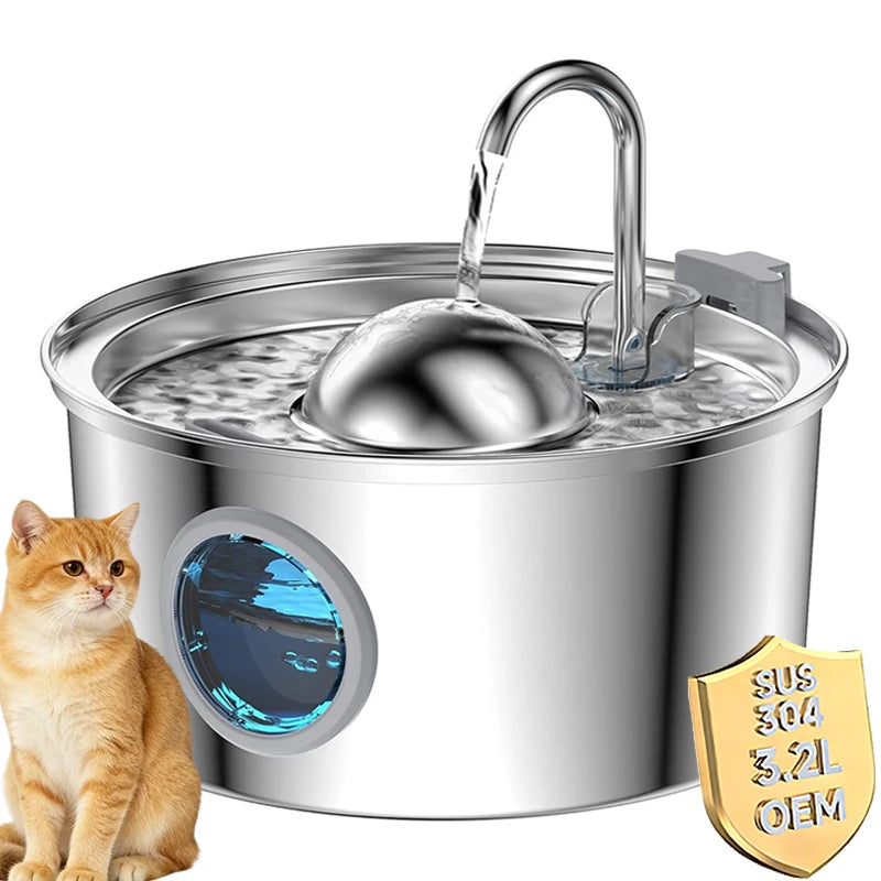 108oz/3.2L Stainless Steel Automatic Pet Water Fountain with Sphere for Outdoor Travel Cat Water Fountain Cat Products