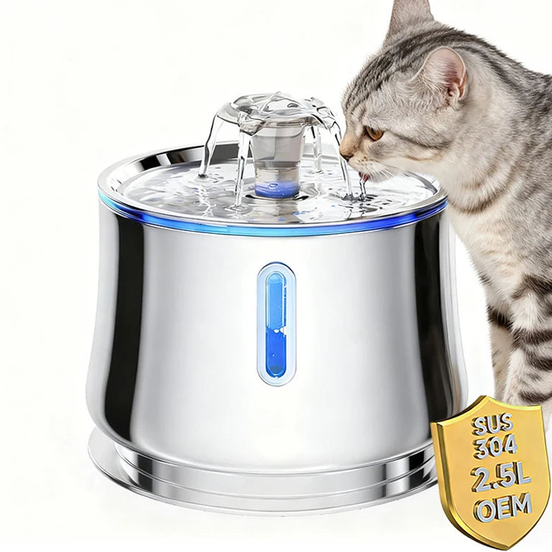 Water Level Window Cat Water Fountain Stainless Steel 2.5L Automatic Pet Water Fountain Auto Power off Cat Fountain for Drinking