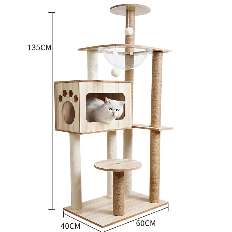 Eco-Friendly Cat Scratcher Tower with Sisal Posts and Wood Frame Cat Toys Tree Hammock Climbing Frame Carton Packed