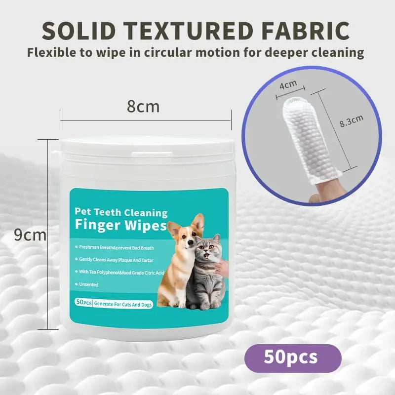 50pcs Soft Pet Teeth Cleaning Finger Wipes Remove Bad Breath and Plaque Tartar Disposable Dog and Cat Toothbrush Finger Wipes
