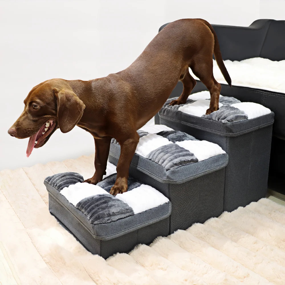 Luxury Chessboard Handcrafted 3 Steps Dog Stairs With Storage Napsteps Foldable Dog Bed Space Convenient Safe Pet Stairs for Dog