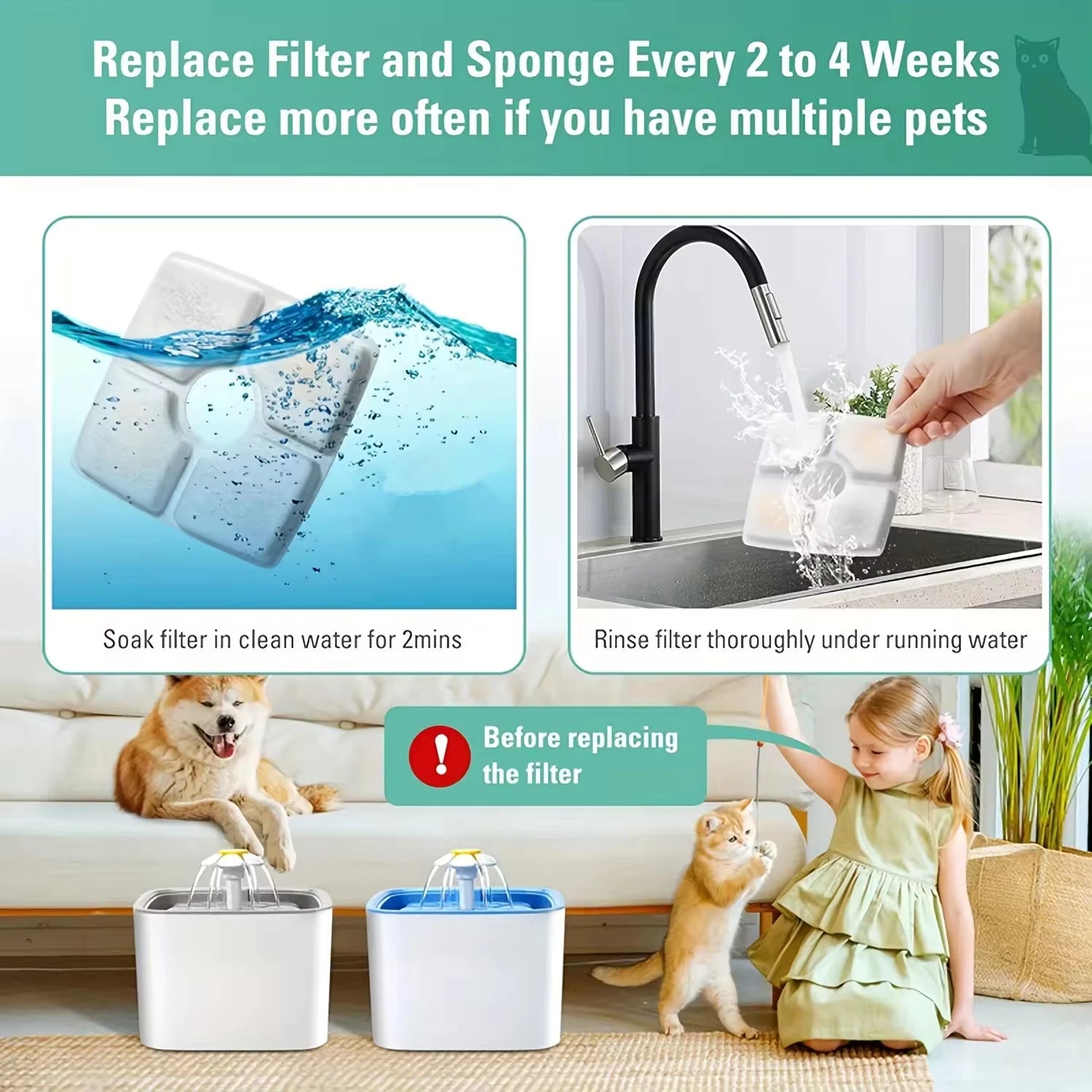 Pack 12 Portable Triple Filtration Automatic Cat Water Fountain Filters Replacement for 80oz/2.5L Square Cat Fountain 12pcs/Pack