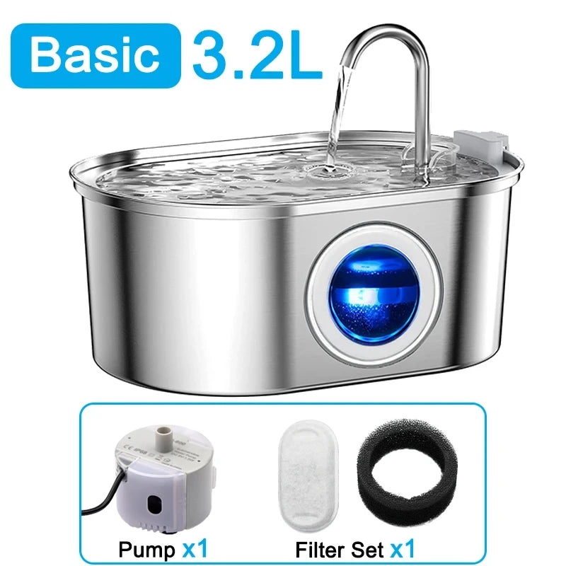 3.2L Stainless Steel Cat Fountain with Water Level Window USB Charging Pet Water Fountain Cat Dog Water Dispenser for Cat