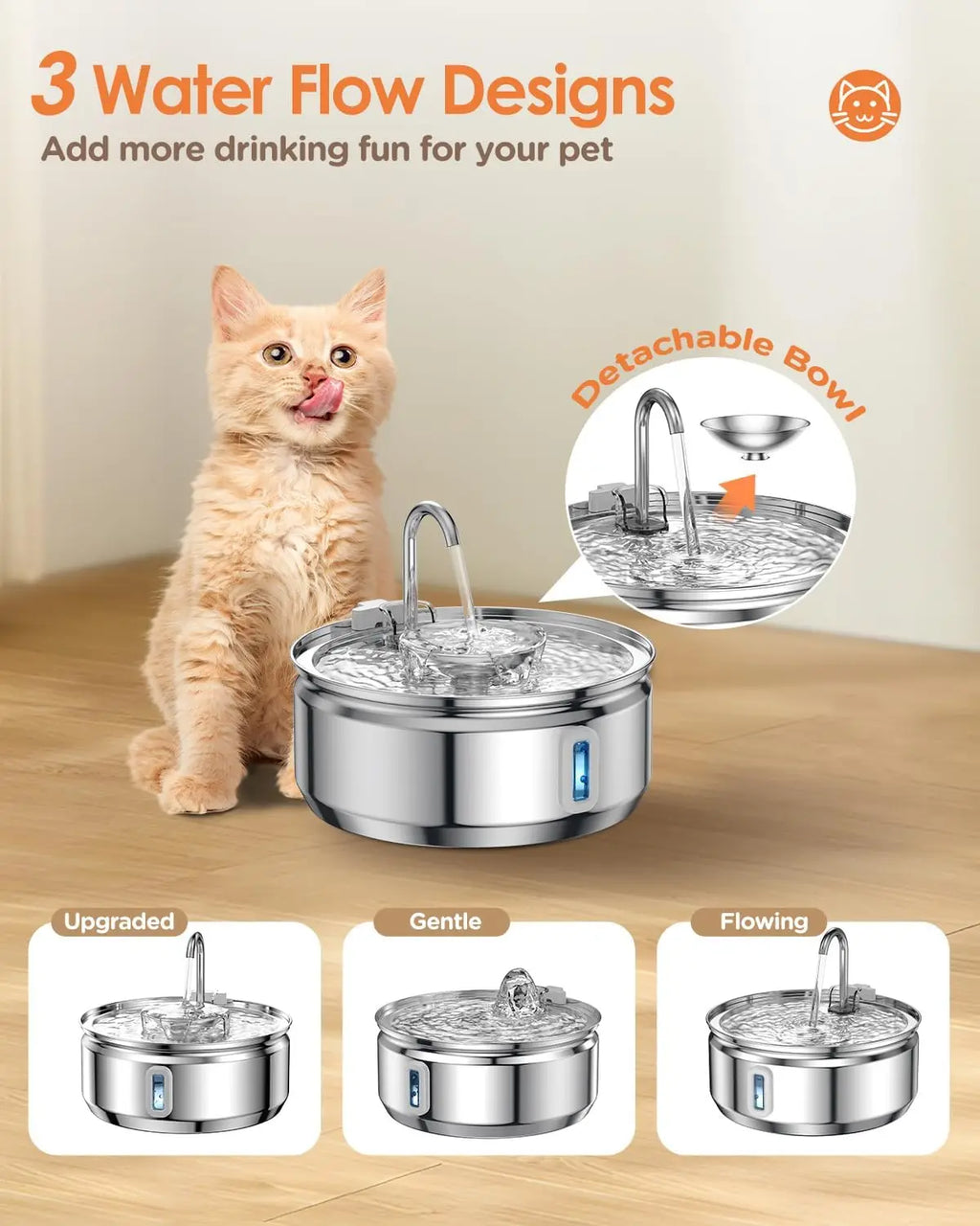 Cat Water Fountain 3.2L/108oz Upgraded Stainless Steel Pet Water Fountain for Cats Drinking Automatic Cat Water Dispenser Bowl