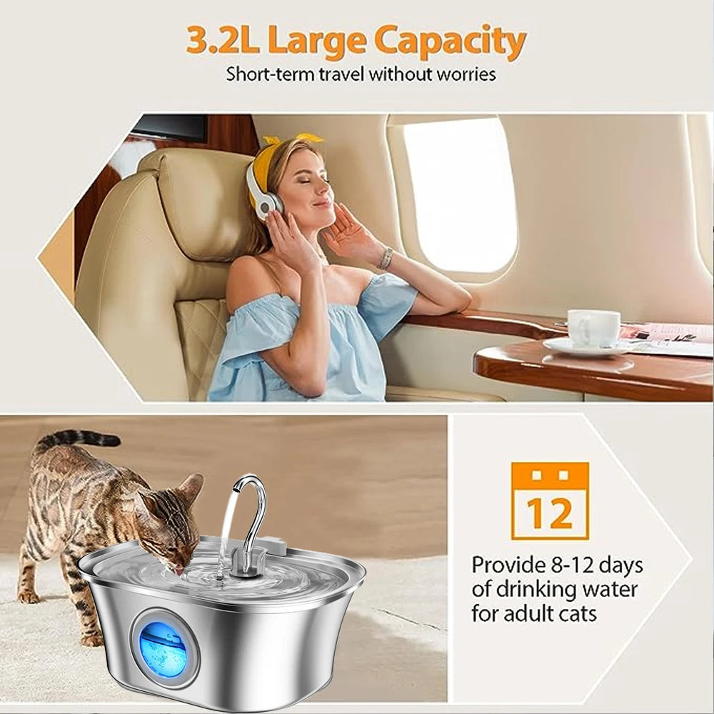 3.2L Automatic Cat Water Fountain LCD Display Stainless Steel Boat Shape Water Level Window Smart Pet Water Dispenser