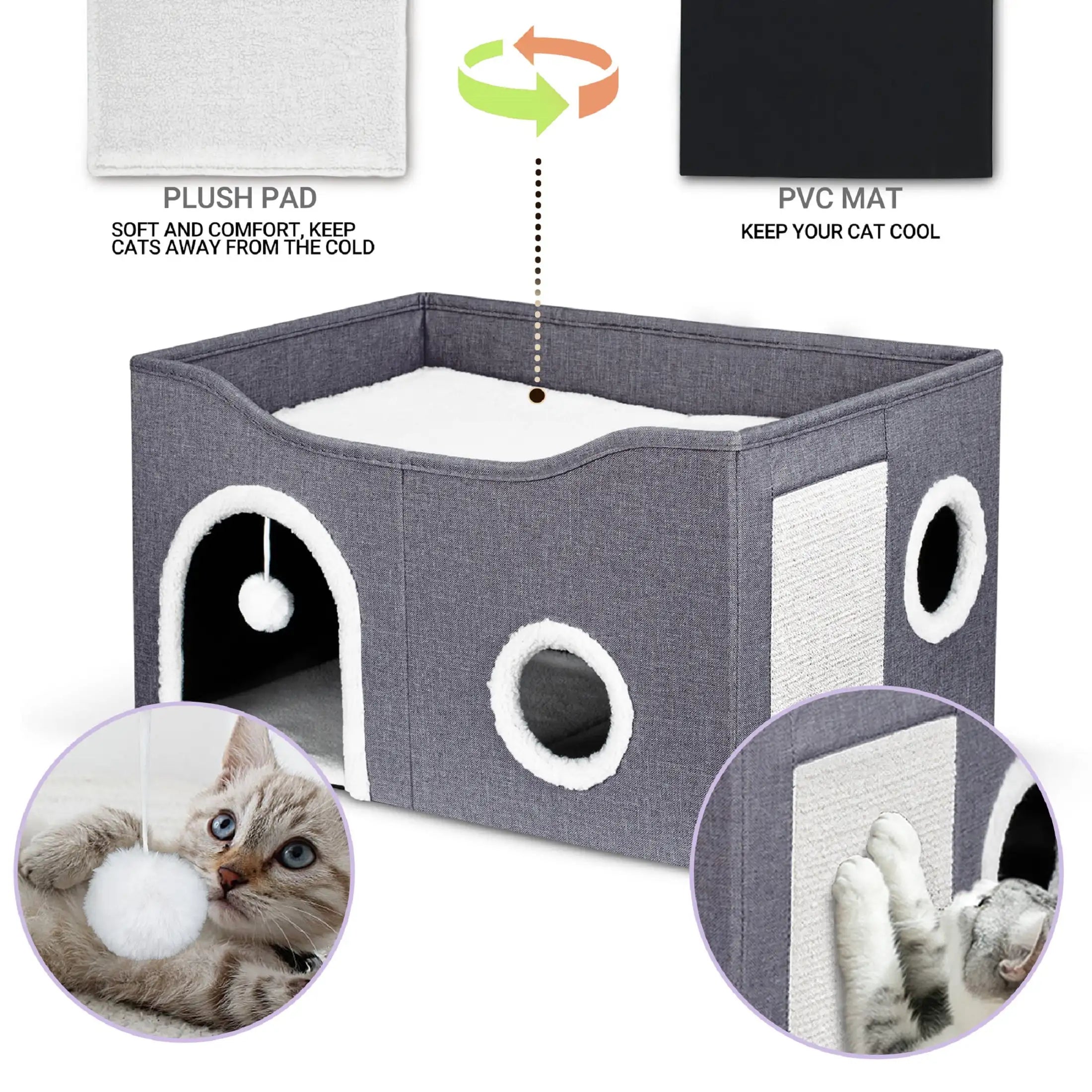 Cat House for Indoor Cat Bed Cave with Fluffy Ball Scratch Pad Foldable Cat Hideaway Covered for Multi Small Pet Large Kitty