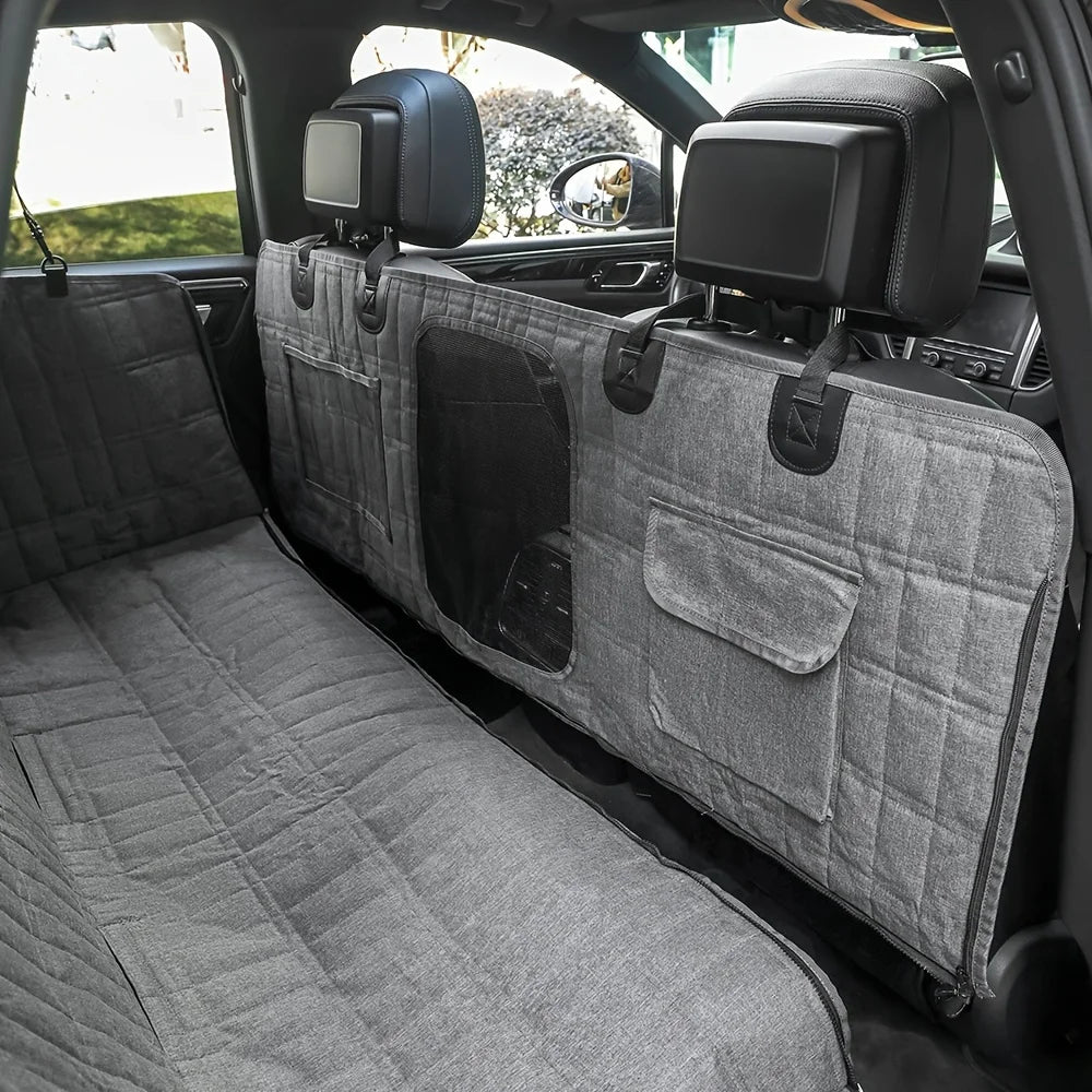 Luxury Plaid Waterproof Detachable Pet Seat Cover for the Back of the Car Split Into Two Pockets with Mesh and Safety Leash