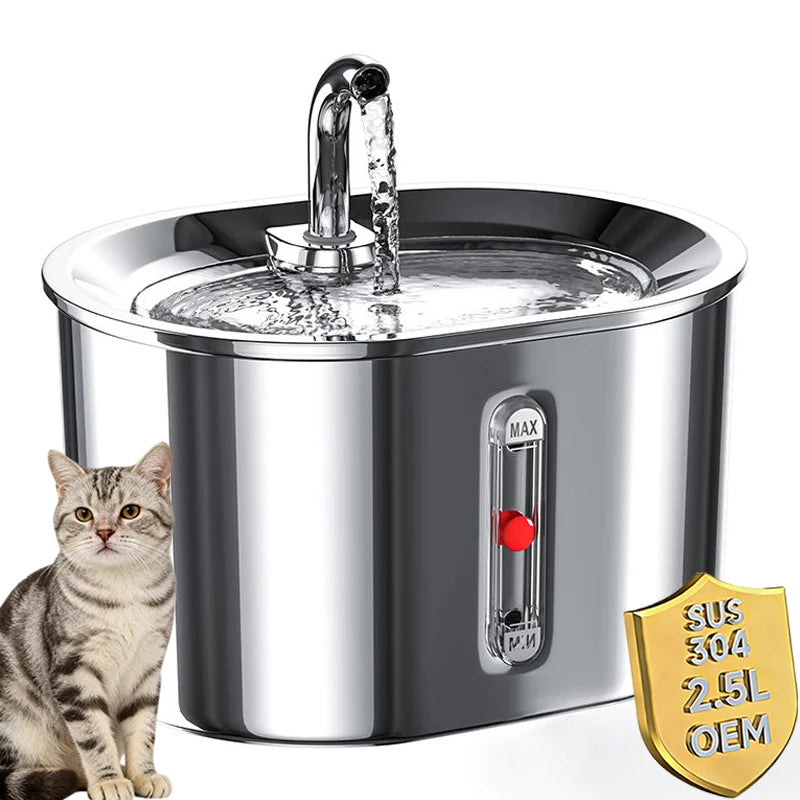 2.5L/85oz Cat Water Fountain Stainless Steel Automatic Cat Water Dispenser with Water Level Window Cat Fountain