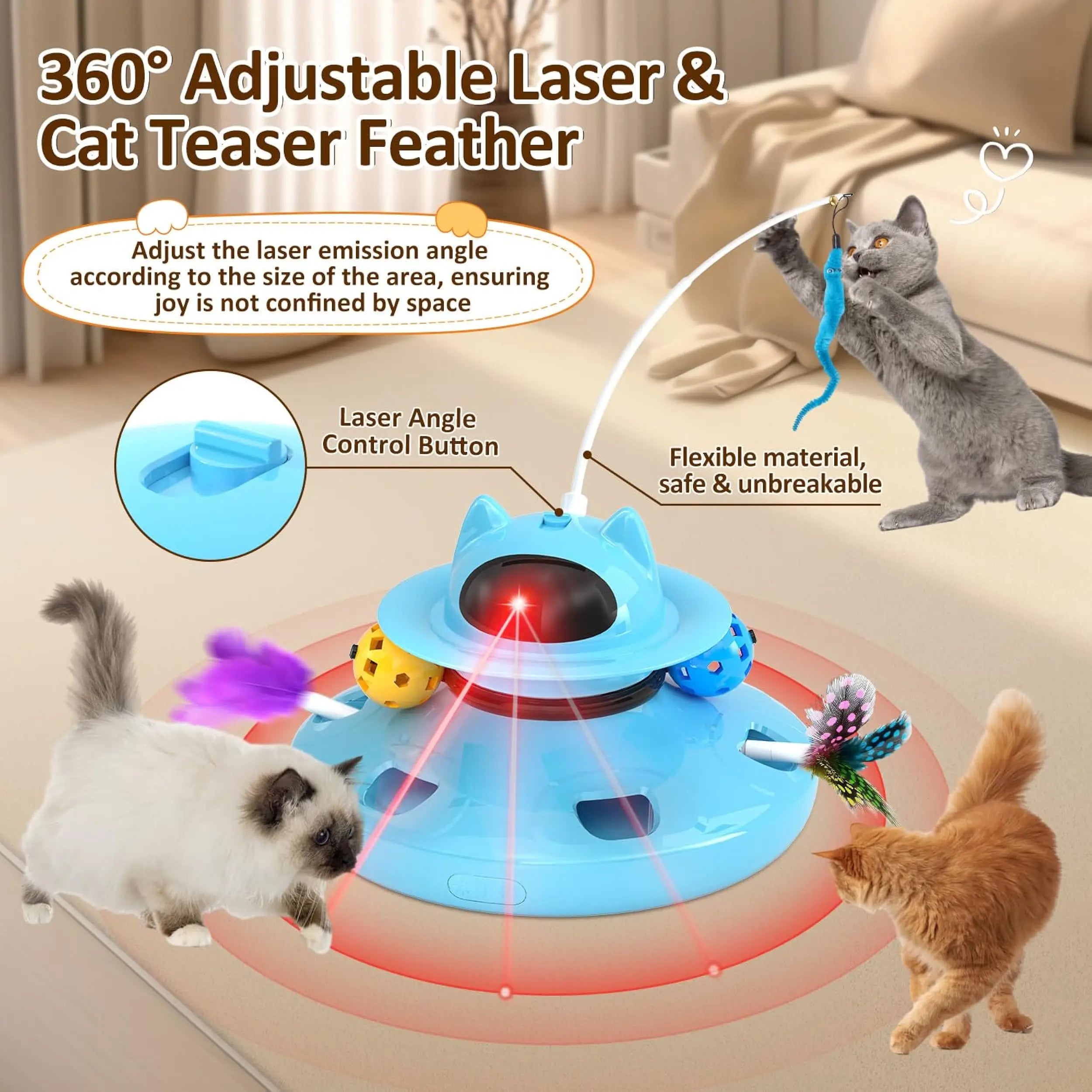 4 in 1 Automatic Interactive Plastic Cat Toy Rechargeable Indoor Kitten Toys with Feather and Track Balls