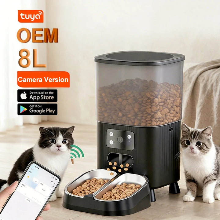 OEM 4.5L Large Capacity Automatic Pet Feeder with Camera Durable Bowls Plastic WIFI APP Voice Rechargeable Smart Pet Feeder