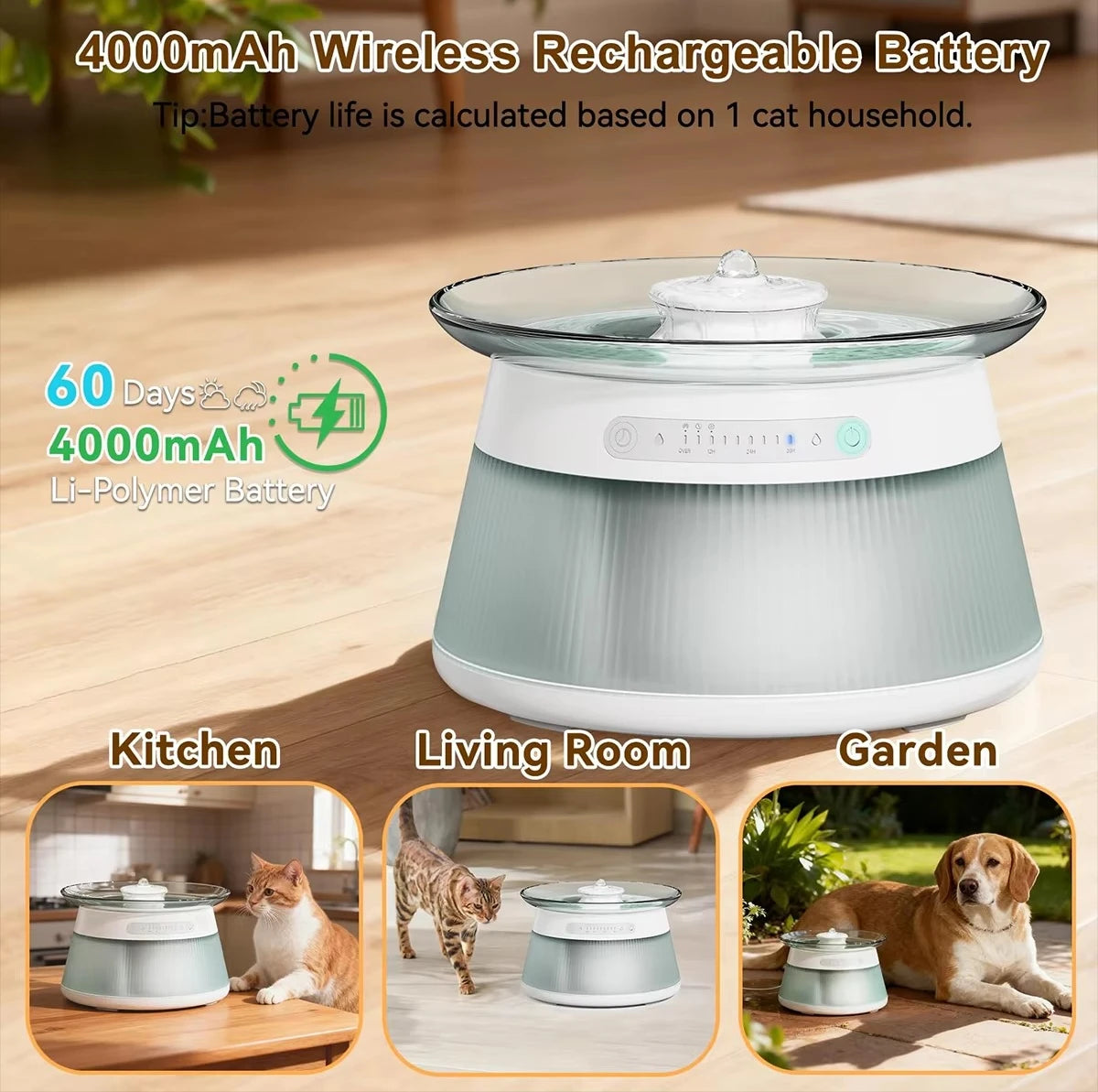 3.5L Smart Glass Cat Water Fountain with Sensor No Filter Required Wastewater Separation Wireless 4000mAh Battery OEM ODM