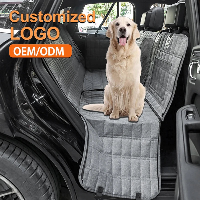 Luxury Plaid Waterproof Detachable Pet Seat Cover for the Back of the Car Split Into Two Pockets with Mesh and Safety Leash