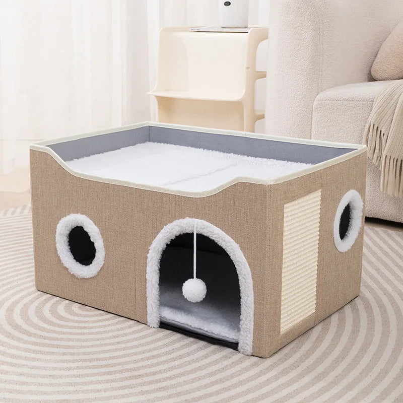 Cat House for Indoor Cat Bed Cave with Fluffy Ball Scratch Pad Foldable Cat Hideaway Covered for Multi Small Pet Large Kitty