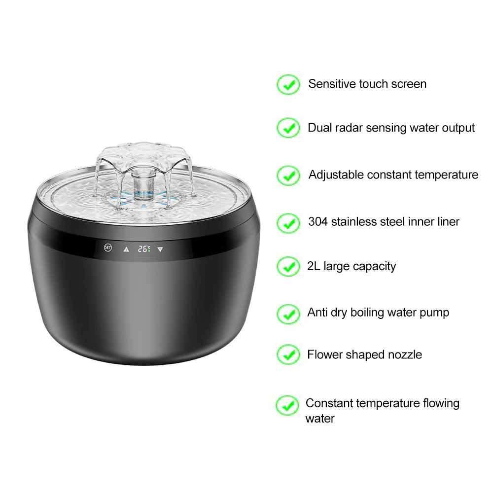 2025 New 2L OEM Smart Cat Water Fountain Touch Screen Heated Controllable Temperature Sensor Automatic Cat Water Dispenser